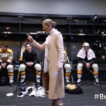 celine-dion-visits-the-boston-bruins-locker-room-to-reveal-the-starting-lineup